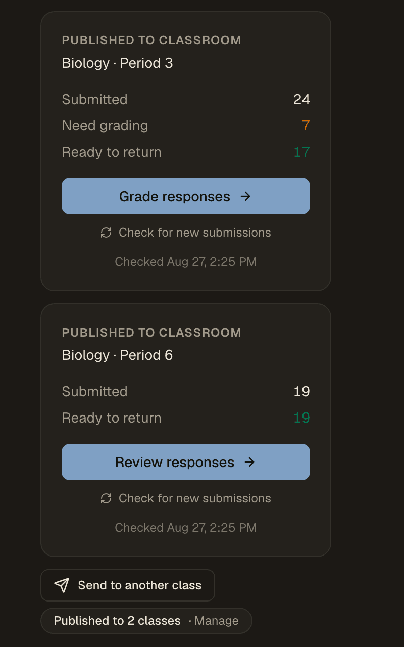 A material's Classroom panel showing it published to two class periods, with submission counts and a grading action for each.