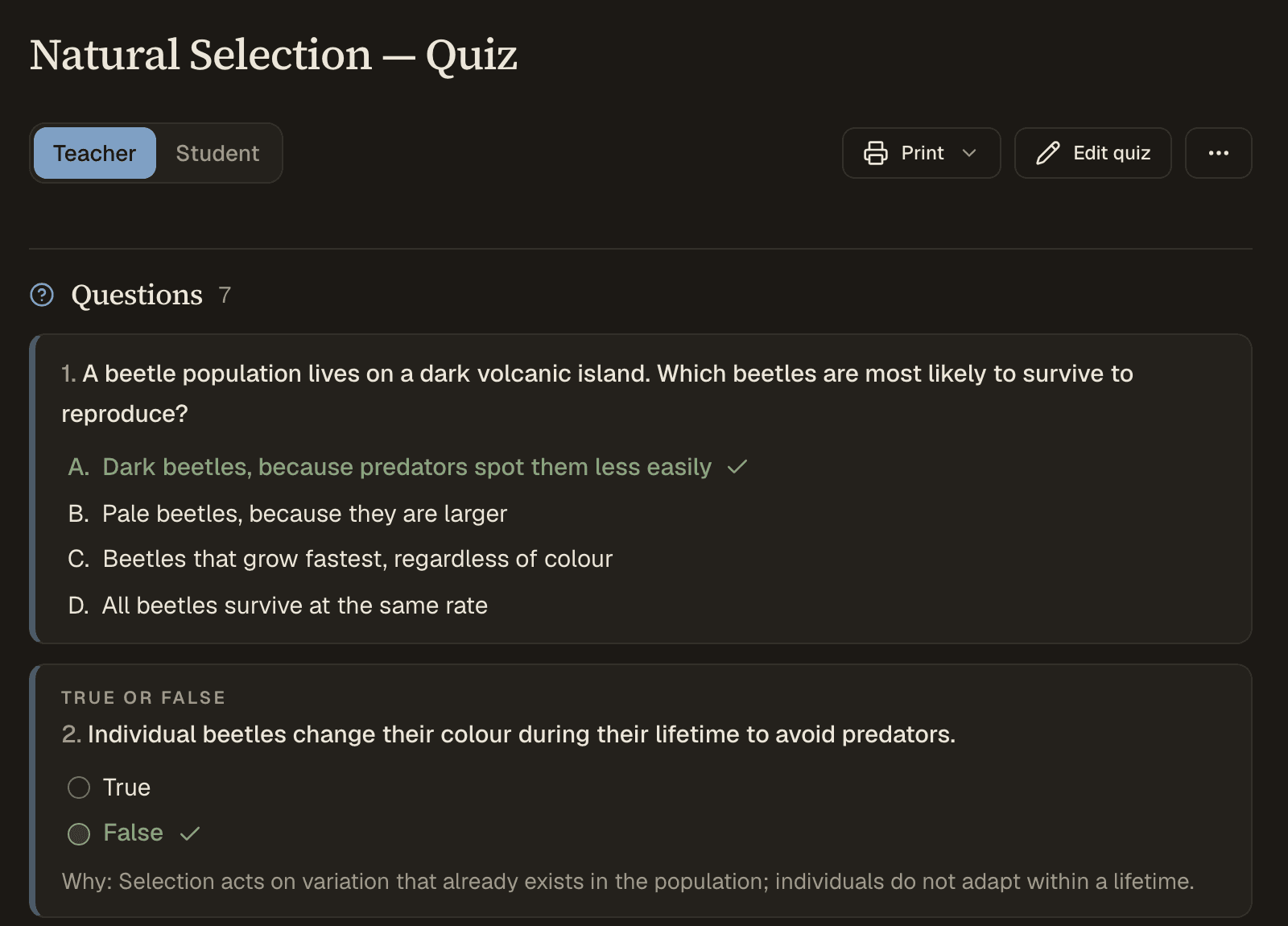 A generated quiz in teacher view, showing correct answers marked and an explanation beneath a true/false item.
